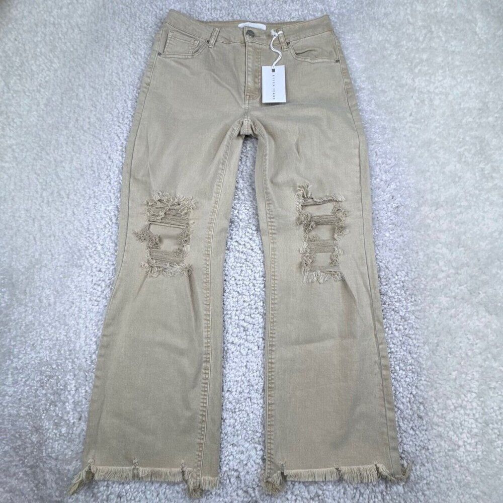 RISEN LOS Angeles Sand High Rise Distressed Straight Leg Jean Raw Hem 7/28 NEW - Picture 2 of 16